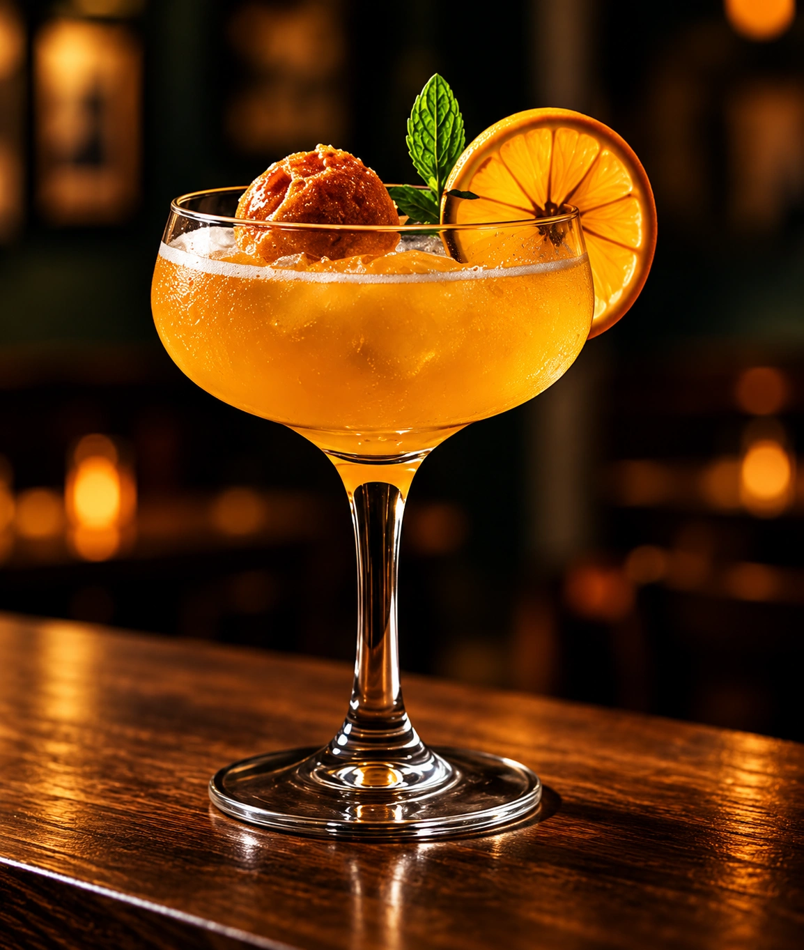 An amber cocktail in a coupe glass, garnished with mint and orange.