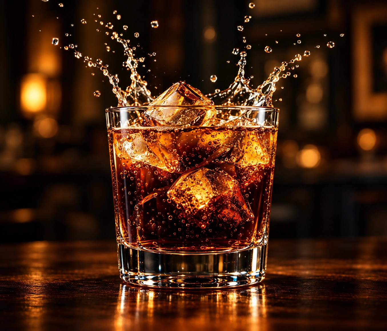A tumbler of whisky over ice, mid-splash, on a dark wooden bar.