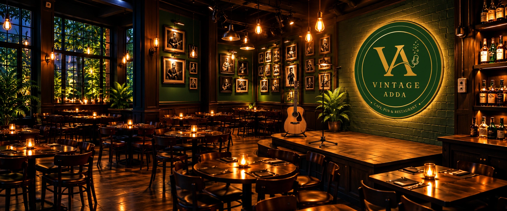 The main room at Vintage Adda: green walls, framed portraits, warm bulbs and an empty stage with a guitar waiting.