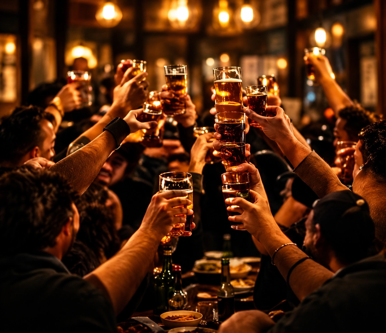 A long table of friends raising glasses together at Vintage Adda.