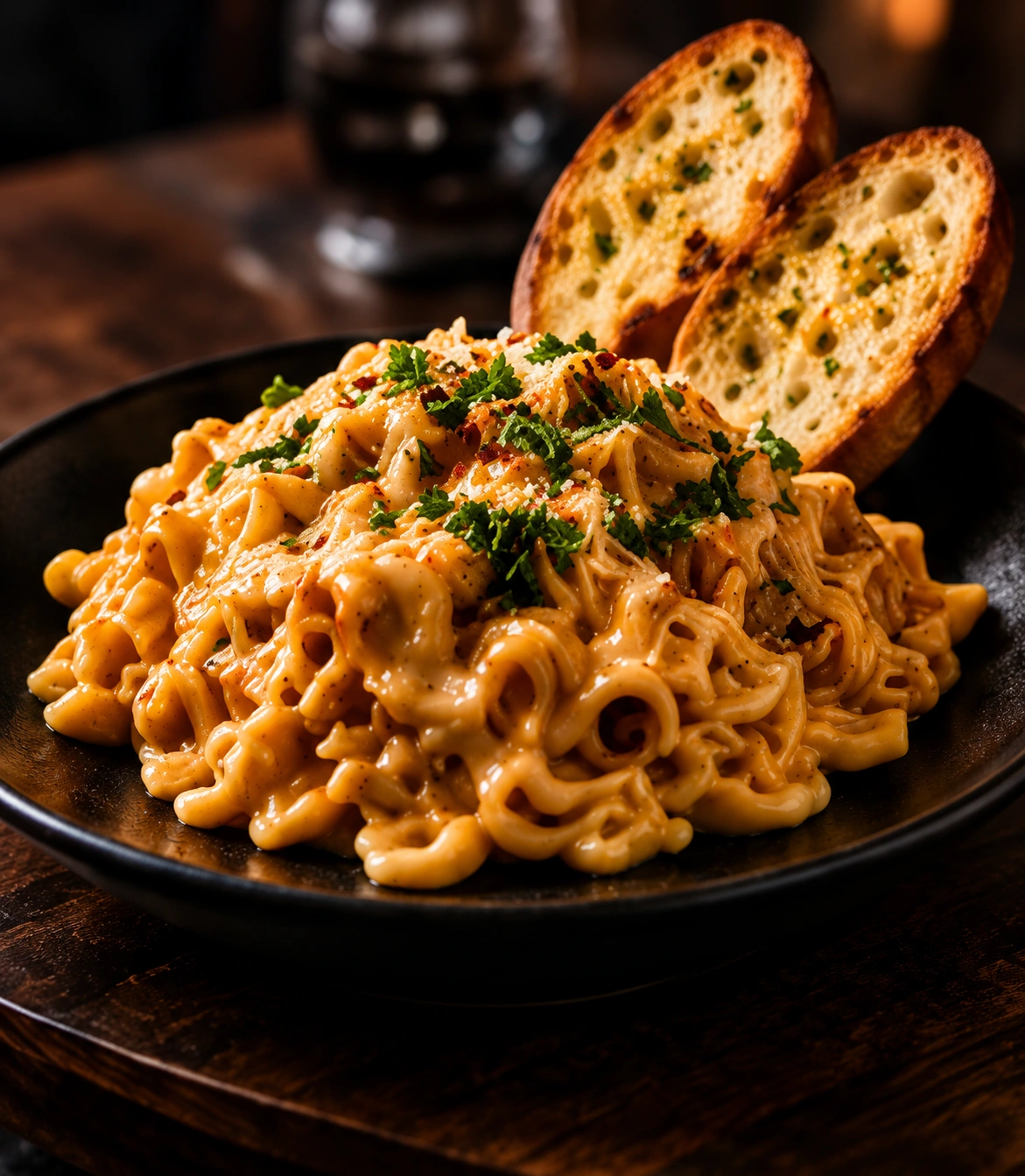 A bowl of mac and cheese with garlic bread on a dark wooden table.