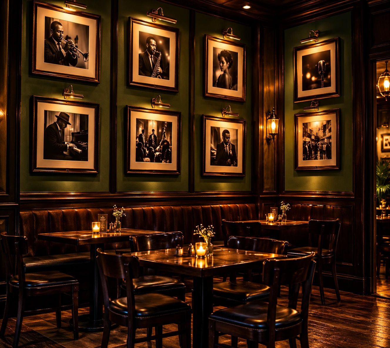 A wall of framed black-and-white portraits of musicians above a leather banquette.