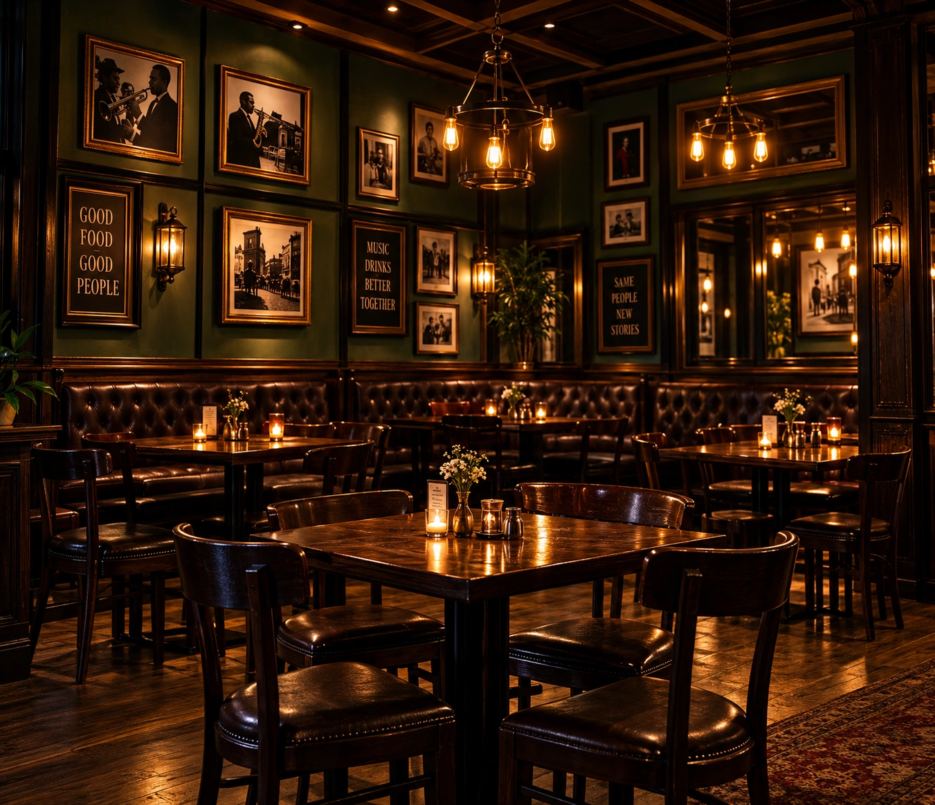 Wooden tables and leather seating under framed photographs and lettered signs.