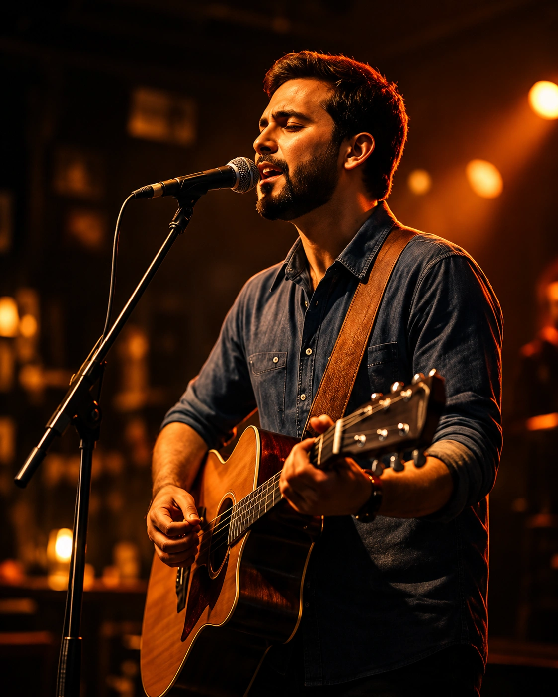 A guitarist singing into a microphone under warm stage light.