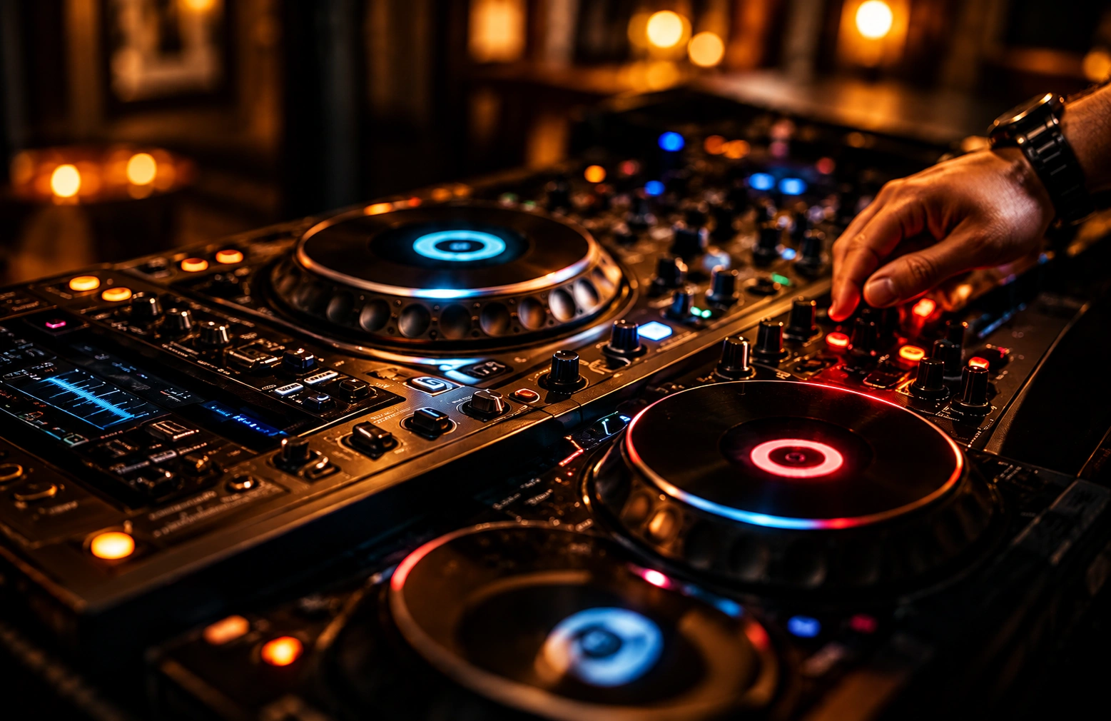 A DJ working the decks, jog wheels glowing in the dark room.