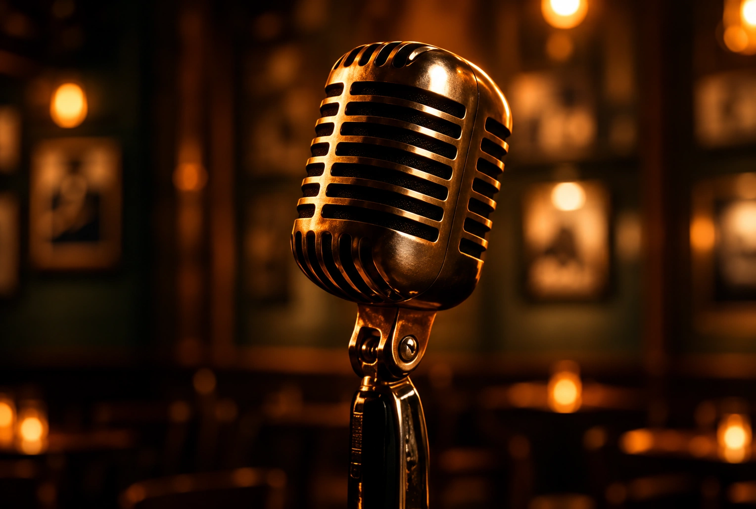 A vintage chrome microphone lit warm against the panelled wall at Vintage Adda.
