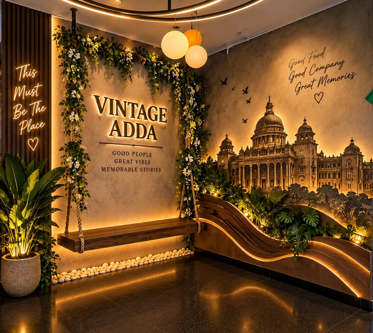 The entrance at Vintage Adda: a flower-wound swing beside the backlit sign, and the Vidhana Soudha painted along the wall beyond it.