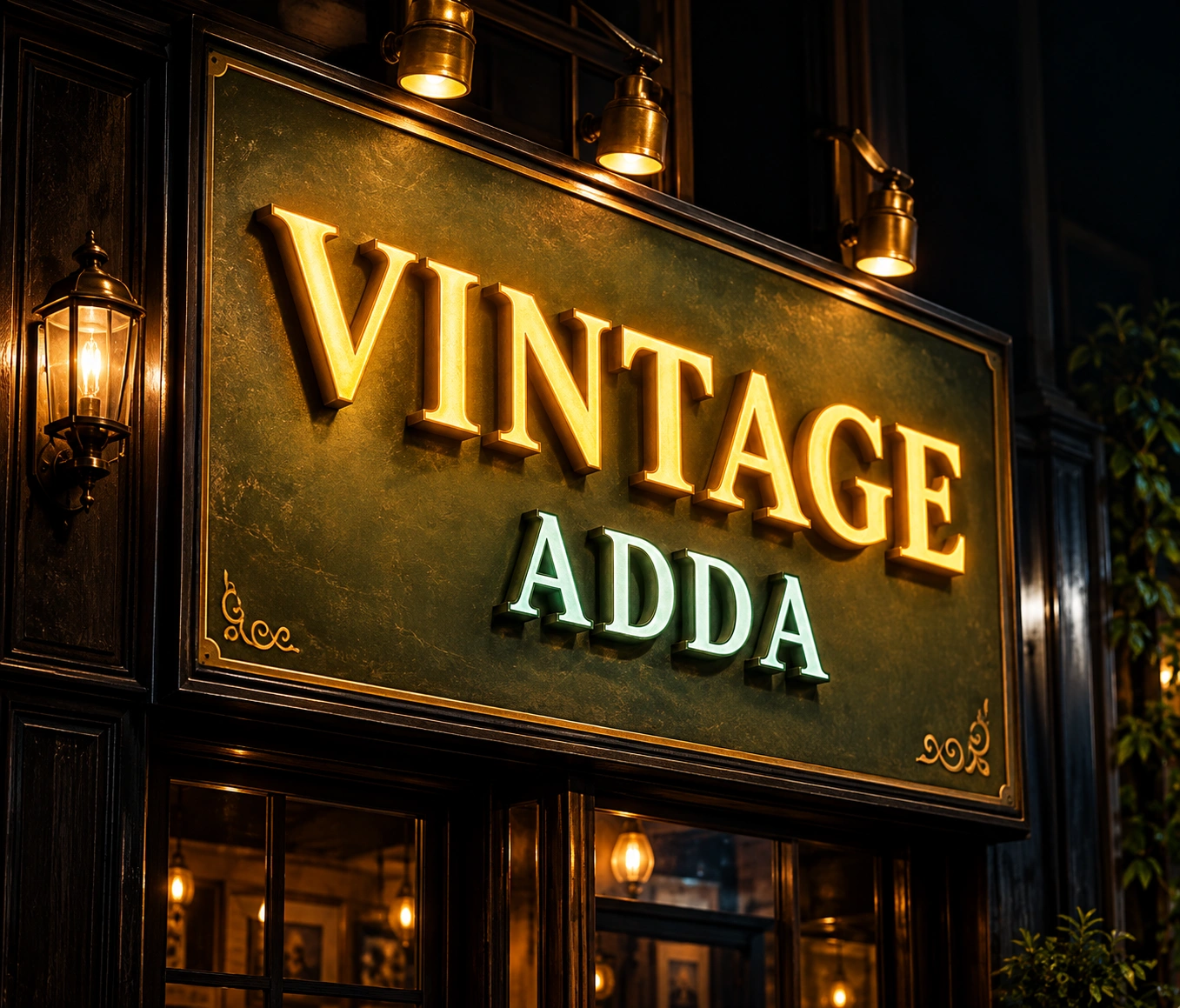 The Vintage Adda signboard lit at night above the entrance on Rest House Road.